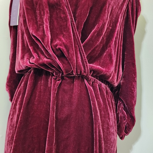 HALE BOB Silk Velvet Cold Shoulder Blouson Dress Tie Shoulder L‎ Cranberry NWT - Picture 7 of 16